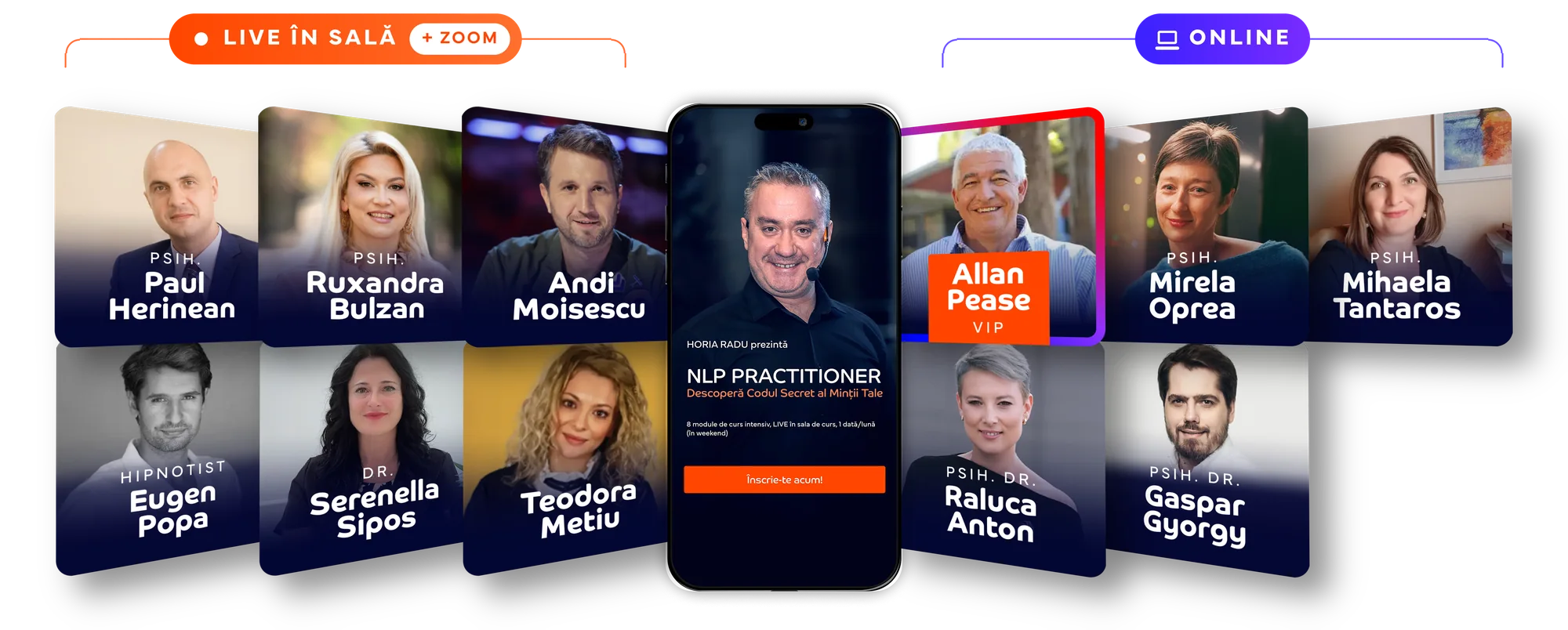 Invitații experți NLP Practitioner 2026. Live în sală și pe Zoom: Psih. Paul Herinean, Psih. Ruxandra Bulzan, Hipnotist Eugen Popa, Dr. Serenella Sipos, Andi Moisescu, Teodora Metiu. Online: Psih. Mirela Oprea, Psih. Mihaela Tantaros, Psih. Dr. Raluca Anton, Psih. Dr. Gaspar Gyorgy, Allan Pease.