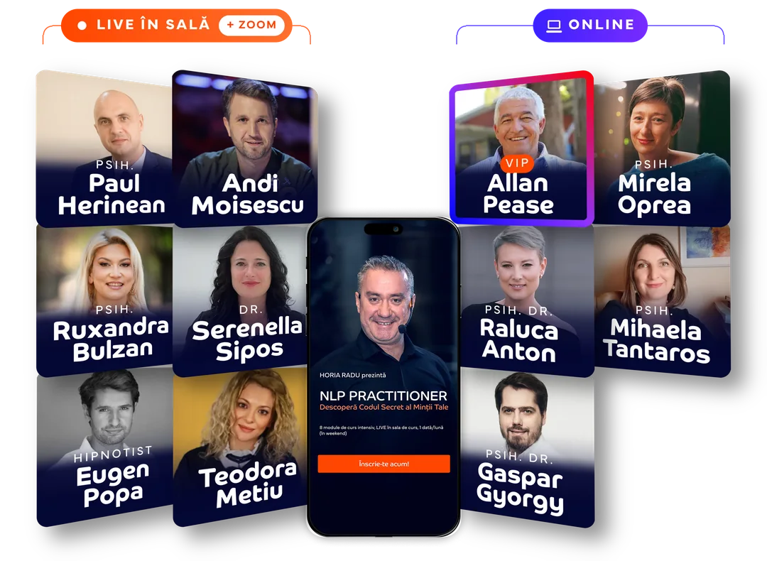 Invitații experți NLP Practitioner 2026. Live în sală și pe Zoom: Psih. Paul Herinean, Psih. Ruxandra Bulzan, Hipnotist Eugen Popa, Dr. Serenella Sipos, Andi Moisescu, Teodora Metiu. Online: Psih. Mirela Oprea, Psih. Mihaela Tantaros, Psih. Dr. Raluca Anton, Psih. Dr. Gaspar Gyorgy, Allan Pease.